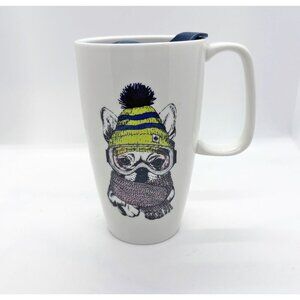 Coco & Lola French bulldog mug w/lid, winter scarf and hat ski goggles